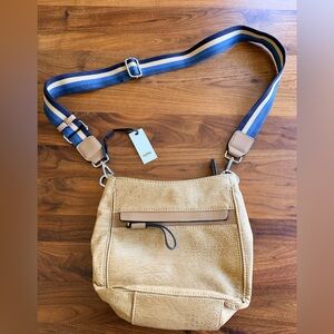 Tan/beige Crossbody Bag with Blue Strap